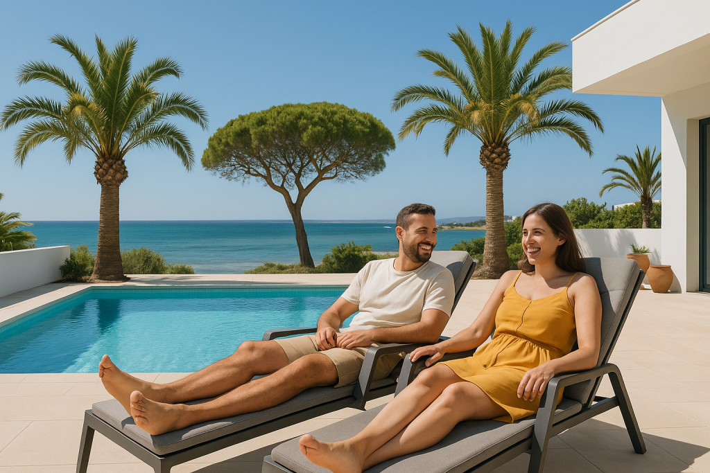 Casal a relaxar numa casa para férias no Algarve